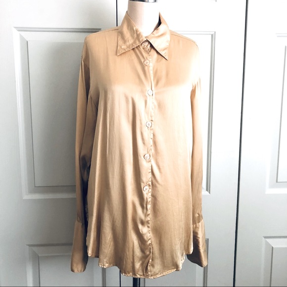 Style New York Silk Button Down Oversize Long Sleeves Top Size M Gold Cream - Picture 1 of 11